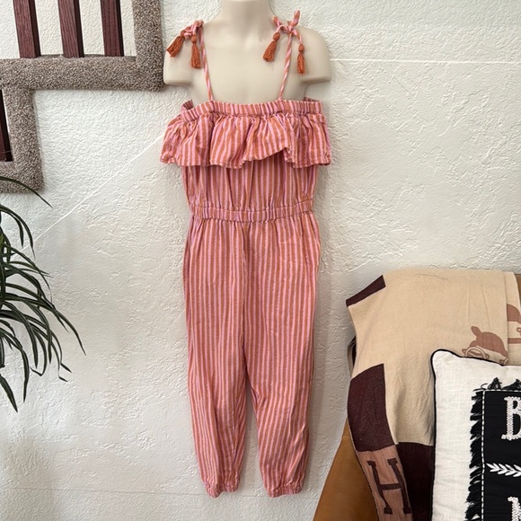 COTTON ON Girl’s Tassled Pink and Orange Glitter Striped Ruffled Jumpsuit 8 EUC - Picture 1 of 17